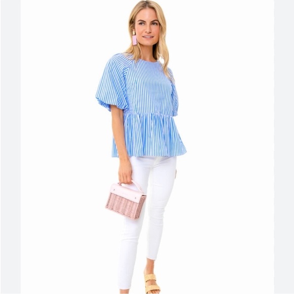 Tuckernuck Pomander Place Blue and White Puff Sleeve Peplum Blouse Sz M - Picture 2 of 11